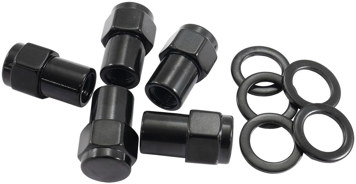 0.550" Shank Closed Black Wheel Nuts - 7/16-20" Pack of 5, Washer Seat with Shank