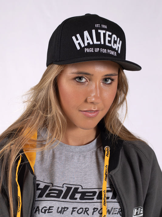 Haltech Snap Back Black with White Text Size: One size fits all.